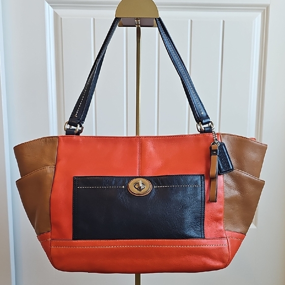 Coach 2013 Park Colorblock Carrie Tote Orange Blue Brown - Picture 1 of 14